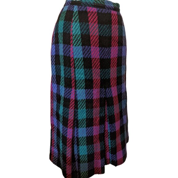 Vintage Sterling Stall Wool Plaid Pleated Midi Skirt Purple Teal Academia Sz 14 - Picture 3 of 10